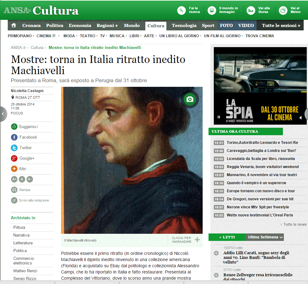 Mostre: torna in Italia ritratto inedito di Machiavelli