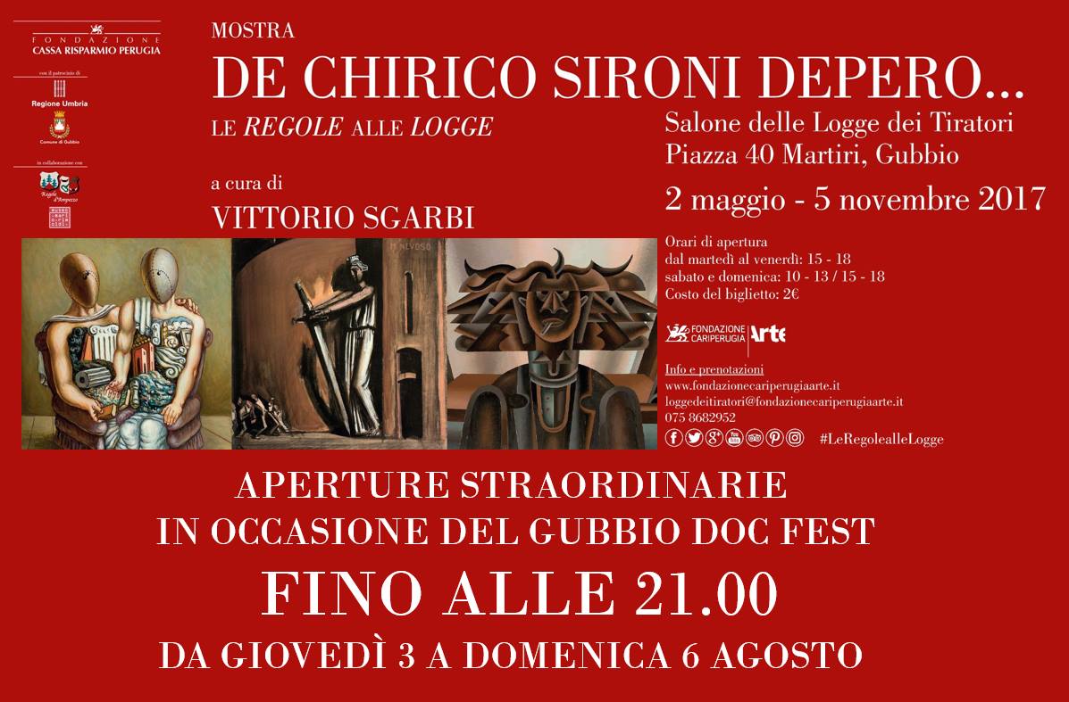 “De Chirico, Sironi, Depero…Le Regole alle Logge”, aperture fino alle 21 in occasione del Gubbio Doc Fest
